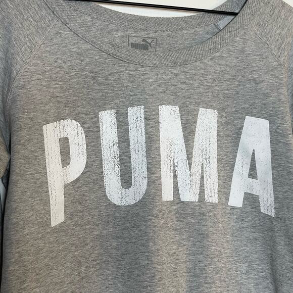 PUMA Sweatshirt Womens Size Large Gray White Spellout Logo Knit Stretch Pullover - Picture 3 of 5